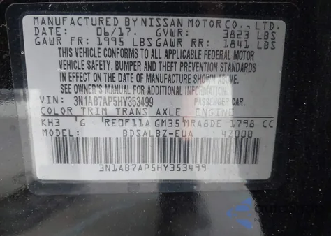2017 Nissan Sentra S z USA, uszkodzony, nr VIN 3N1AB7AP5HY353499